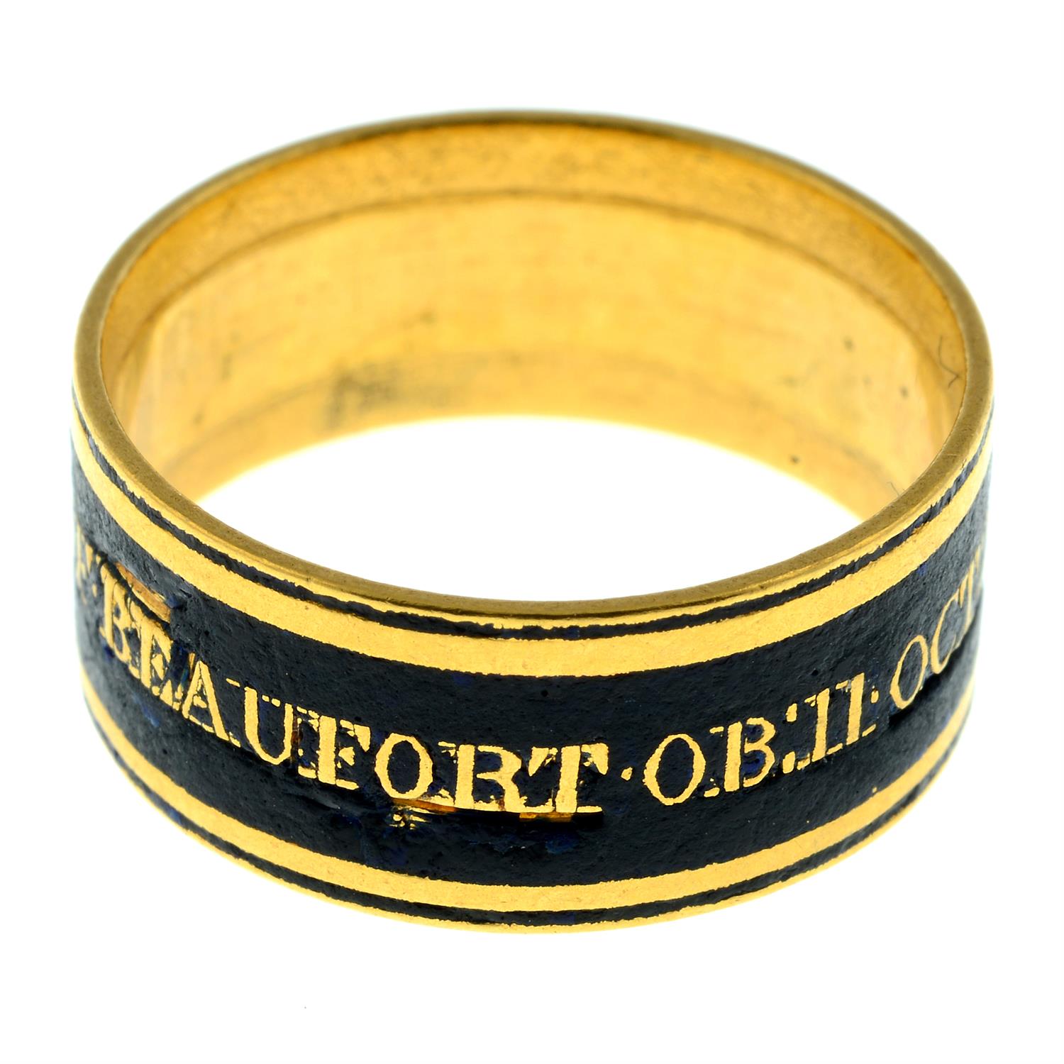 A Georgian 22ct gold black enamel mourning ring, marked for Henry Somerset, 5th Duke of Beaufort'. - Image 3 of 5