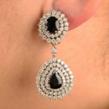 A pair of vari-cut sapphire and brilliant-cut diamond cluster drop earrings.