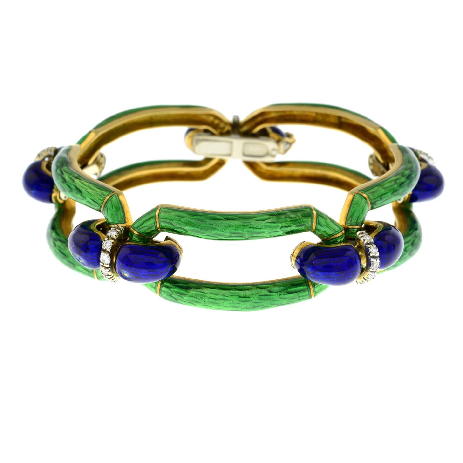 A mid 20th century Italian 18ct gold blue and green enamel and single-cut diamond bracelet. - Image 2 of 4