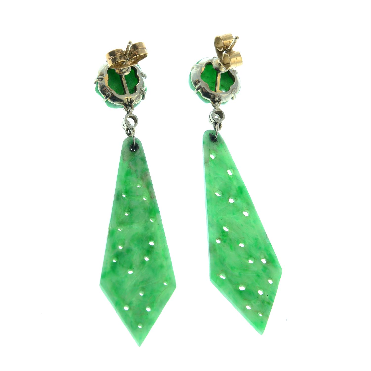 A pair of early 20th century 15ct gold carved and pierced jade earrings, with single-cut diamond - Image 3 of 3
