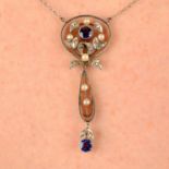 An early 20th century platinum and 15ct gold sapphire, seed pearl and rose-cut diamond pendant,