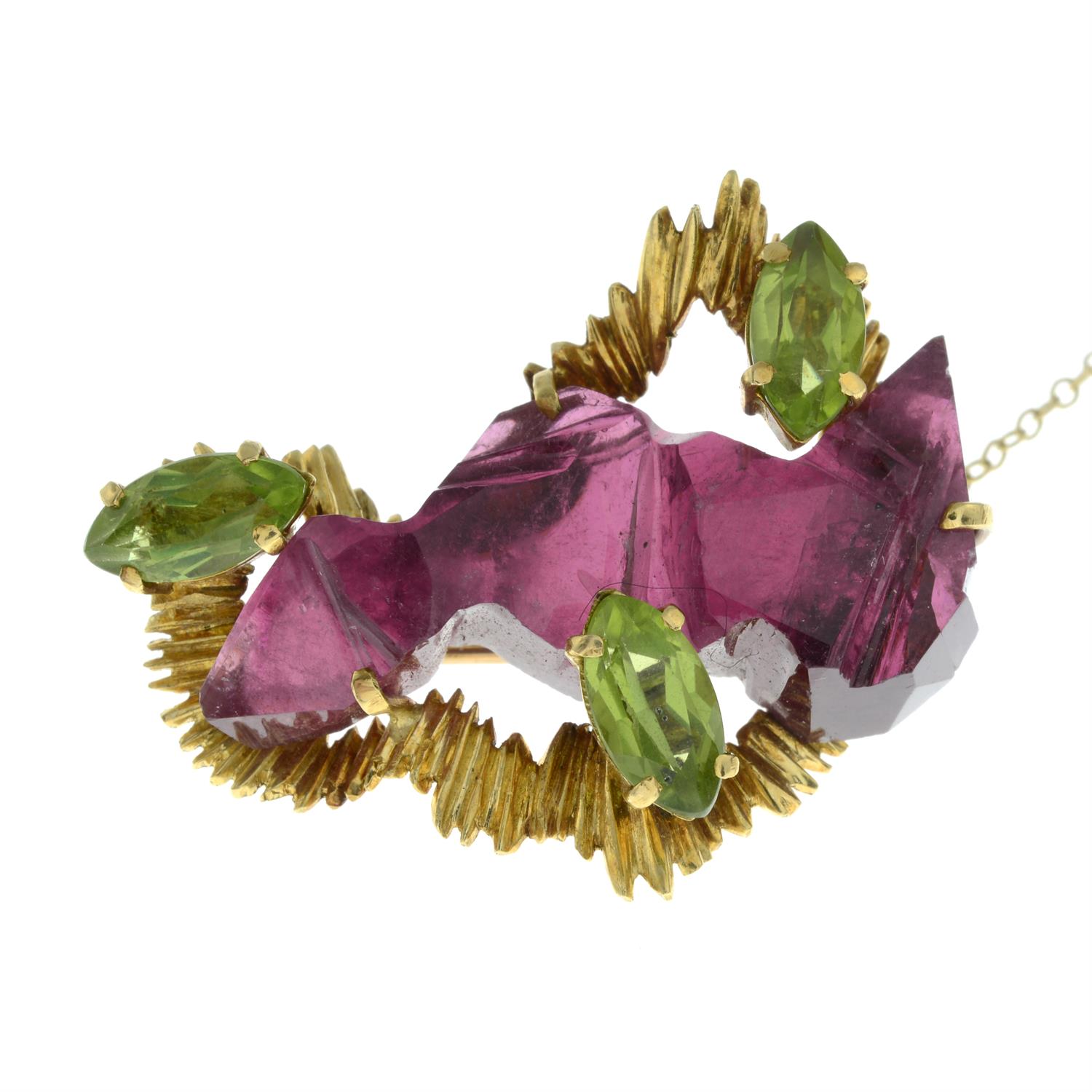 A 1960s 18ct gold tourmaline and peridot brooch, by Deakin & Francis. - Image 2 of 4