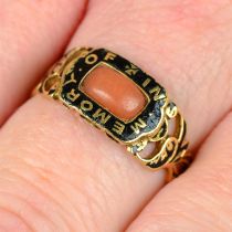 A mid Victorian 18ct gold coral and black enamel 'In Memory Of' mourning ring.