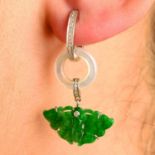 A pair of carved jadeite jade moth earrings, with mother-of-pearl circle 'moon' spacer and