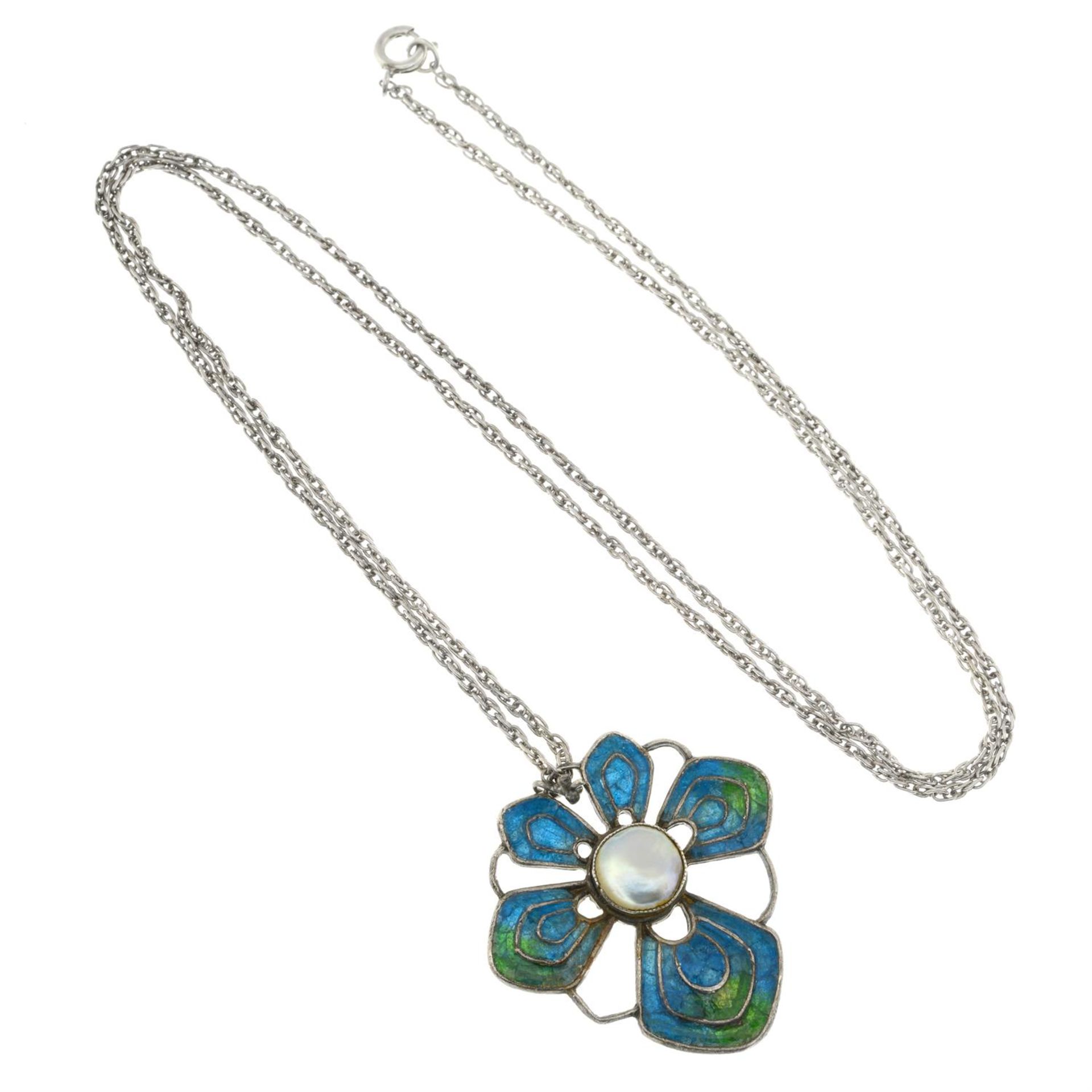 An Arts and Crafts silver blister pearl and enamel floral pendant, by Liberty & Co. - Image 4 of 5