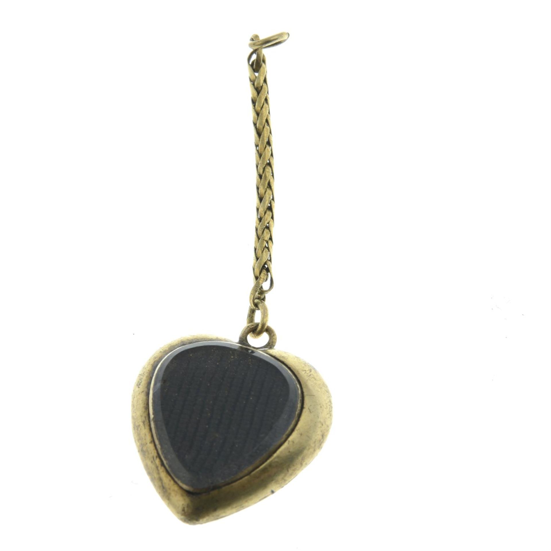 A late 19th century gold turquoise and scrolling foliate engraved heart locket, on small section of - Image 3 of 4