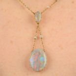 An early 20th century 14ct gold opal necklace, with seed pearl spacer trace-link chain.