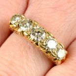 An early 20th century 18ct gold transitional-cut diamond five-stone ring.