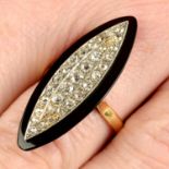 An Art Deco platinum and 18ct gold diamond and onyx dress ring.