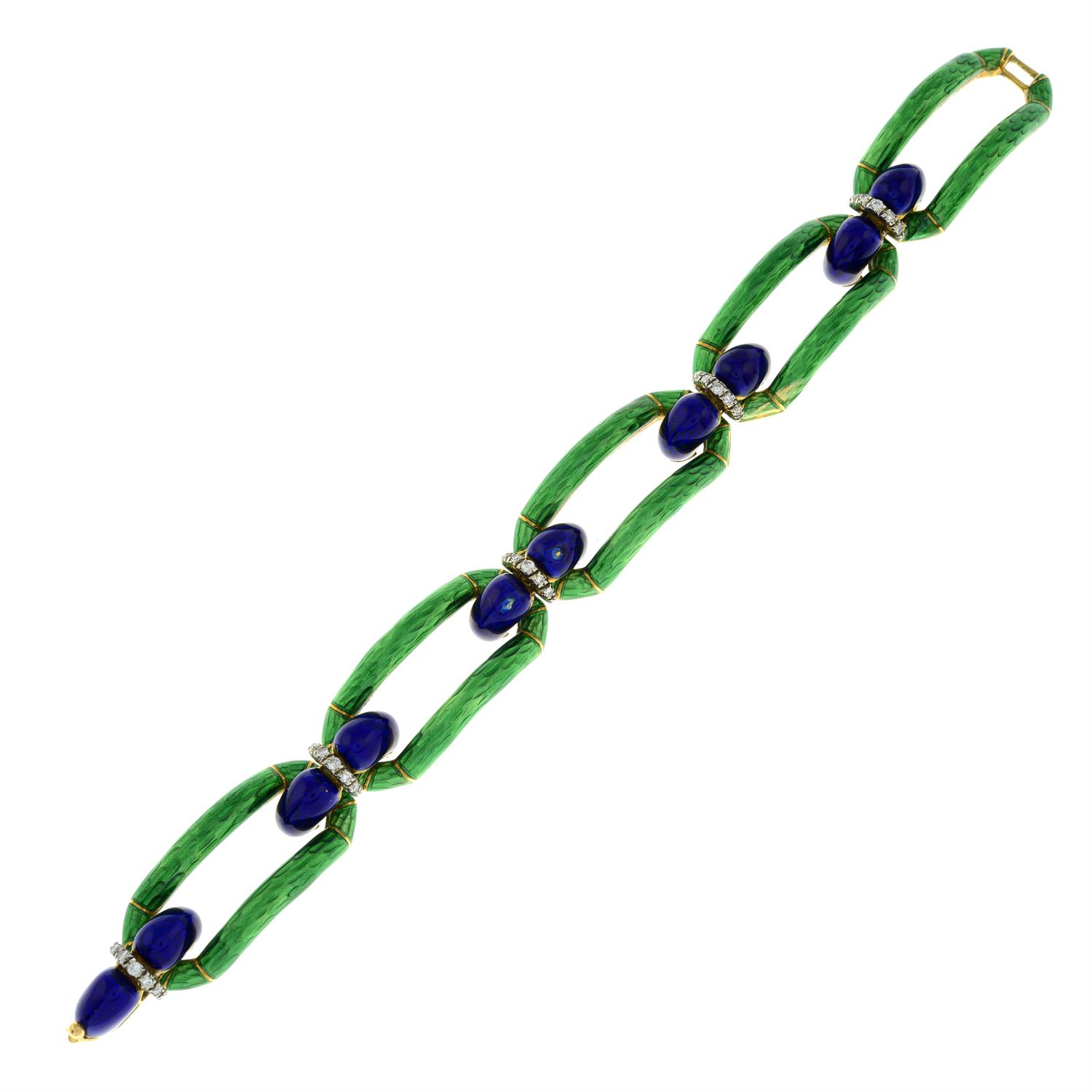 A mid 20th century Italian 18ct gold blue and green enamel and single-cut diamond bracelet. - Image 3 of 4