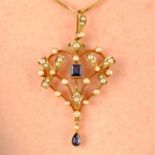 An early 20th century 15ct gold sapphire and split pearl pendant, with later 9ct gold chain.