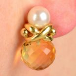 A pair of 18ct gold multifaceted citrine and cultured pearl earrings, by Kiki McDonough.