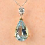 A brilliant-cut diamond and aquamarine drop pendant, with chain.