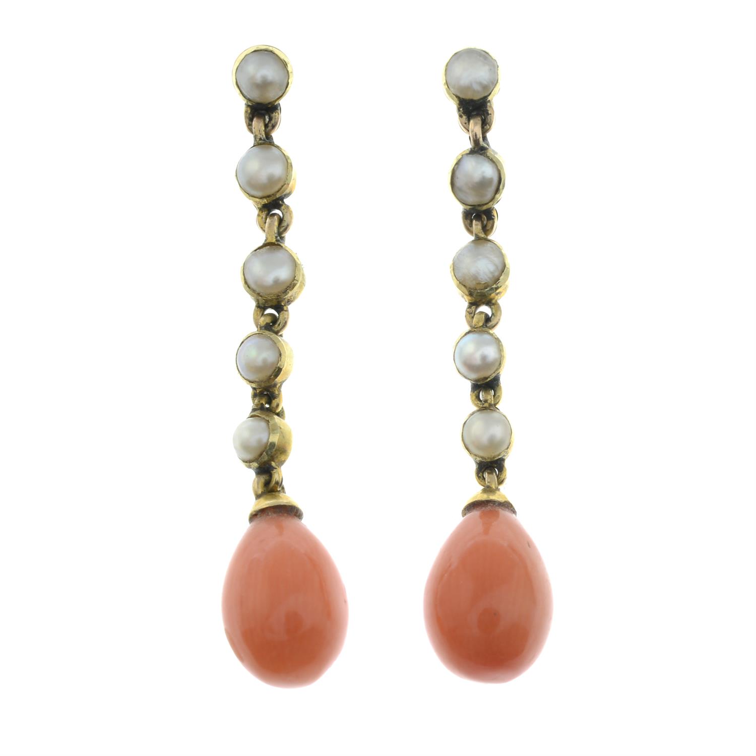 A pair of early 20th century 15ct gold coral and split pearl earrings. - Image 2 of 3