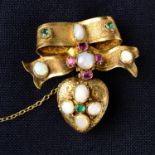 A mid 19th century gold opal, emerald and ruby bow brooch, suspending a similarly-set heart locket.