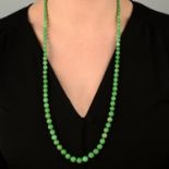 A graduated jadeite jade bead single-strand necklace, with diamond point accent 9ct gold clasp.