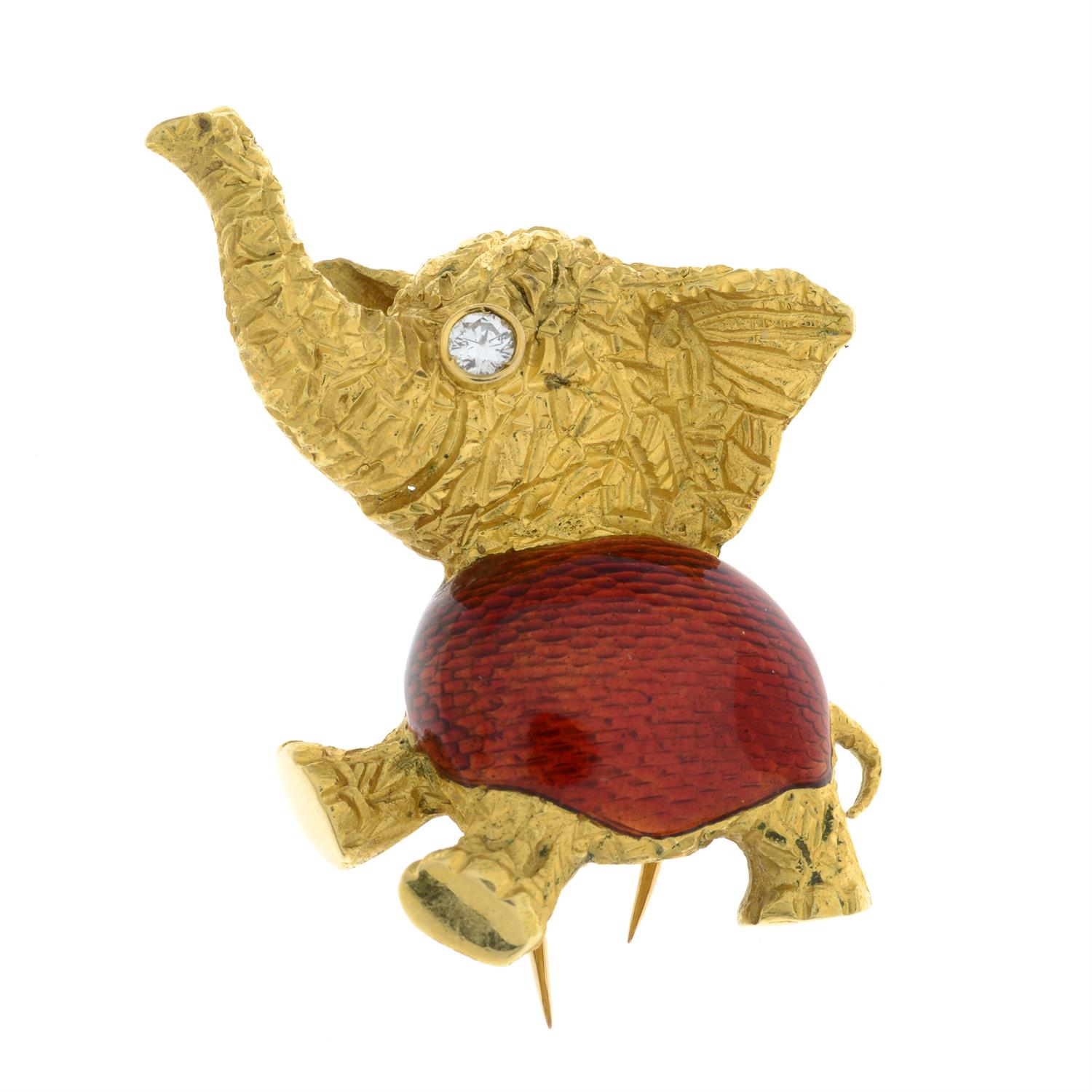 A mid 20th century 18ct gold diamond and red enamel elephant brooch. - Image 2 of 4