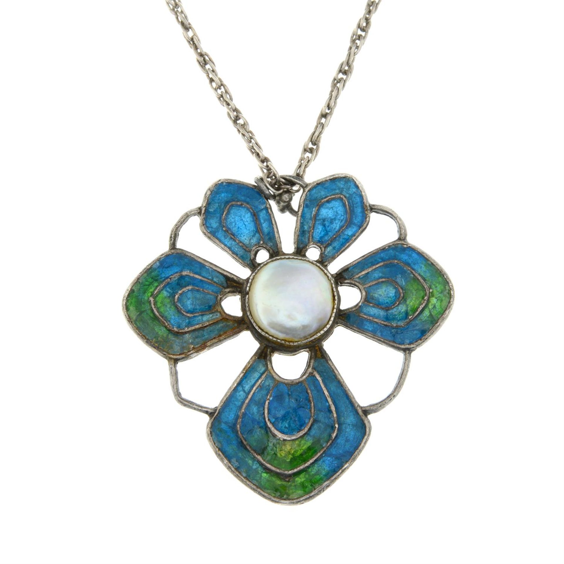 An Arts and Crafts silver blister pearl and enamel floral pendant, by Liberty & Co. - Image 2 of 5