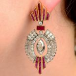 A pair of vari-cut diamond and calibre-cut ruby earrings, suspending a central marquise-shape