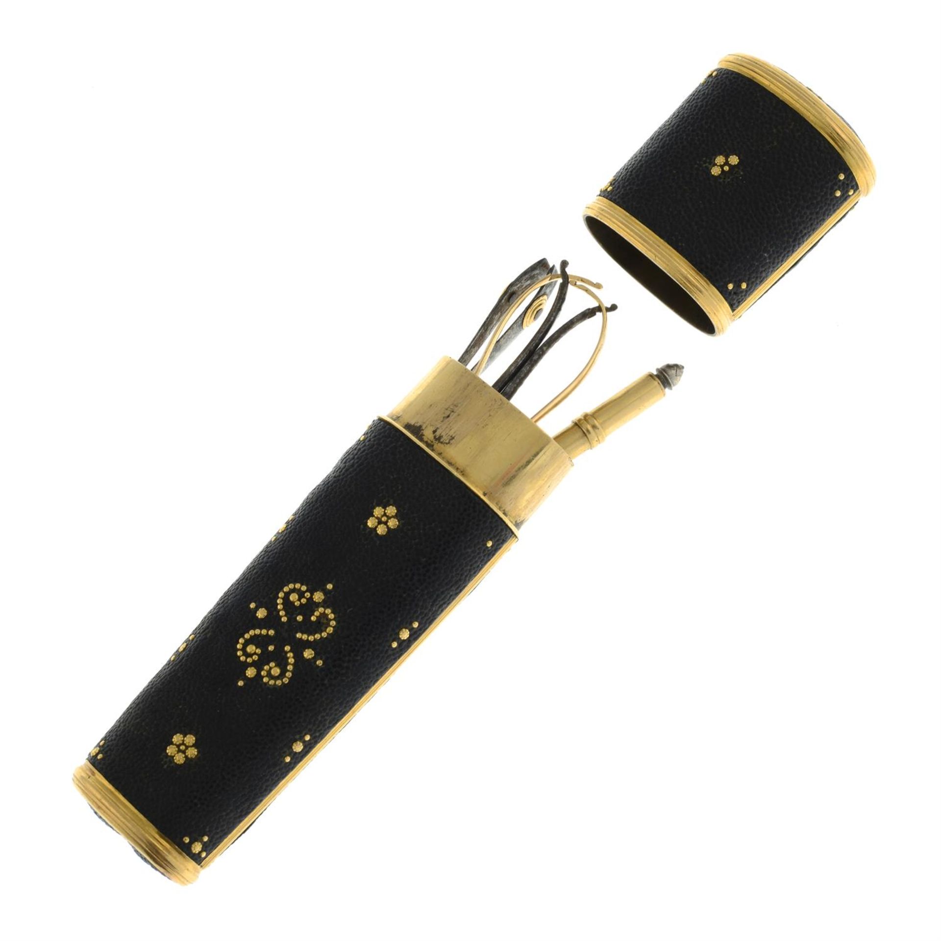 A Georgian gold and shagreen etui, containing scissors, combination tweezers and nail file, - Image 3 of 4