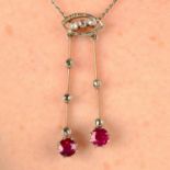 A mid 20th century platinum and gold ruby and rose and point-cut diamond négligée necklace.