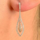 A pair of brilliant-cut diamond bi-colour drop earrings.