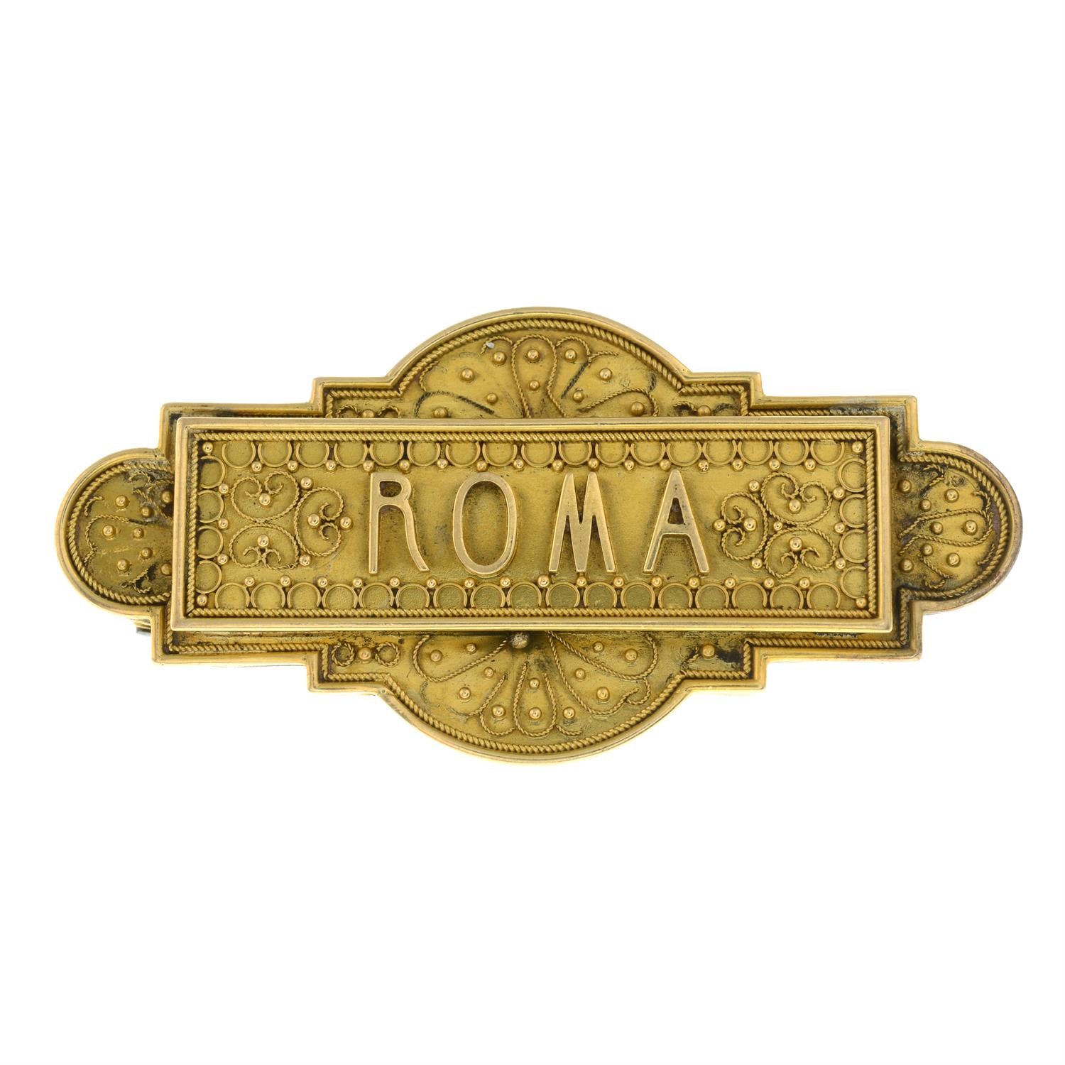A mid to late 19th century gold cannetille 'ROMA' brooch. - Image 2 of 4