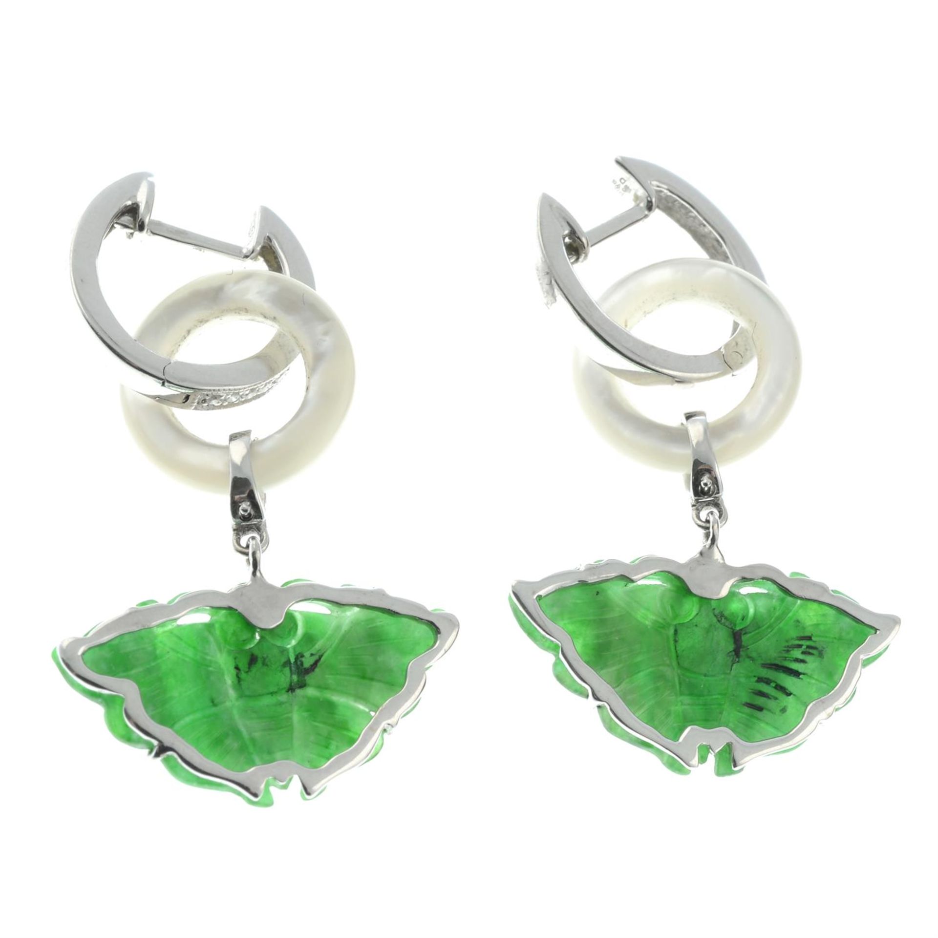 A pair of carved jadeite jade moth earrings, with mother-of-pearl circle 'moon' spacer and - Image 3 of 3