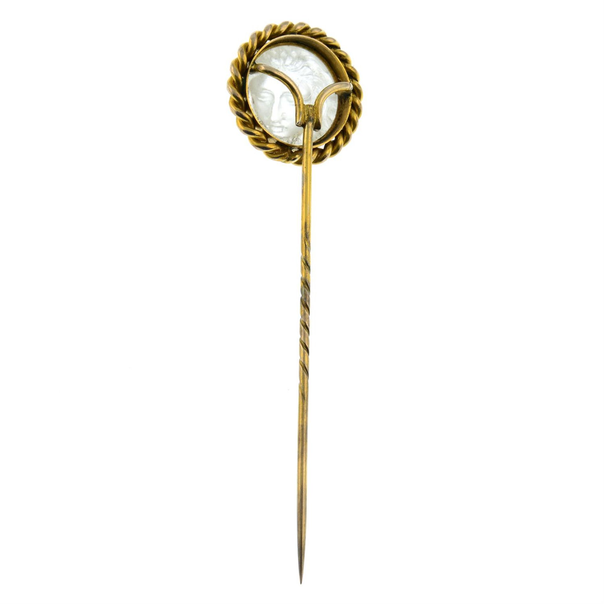 A late Victorian gold rock crystal cameo stickpin, carved to depict the head of Medusa. - Image 3 of 4