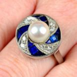 An 18ct gold cultured pearl, brilliant-cut diamond and blue paste geometric dress ring.