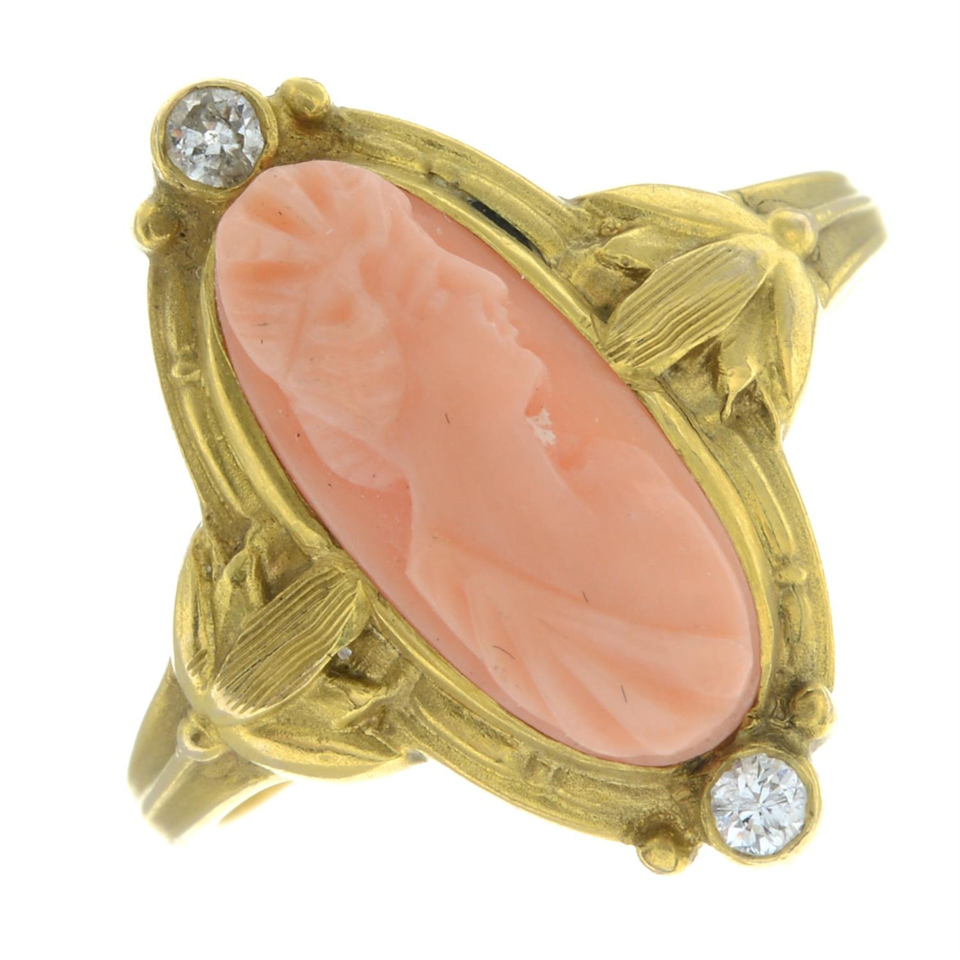 An early 20th century gold, coral cameo and circular-cut diamond ring, with foliate shoulders. - Image 2 of 5