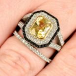 An 18ct gold yellow sapphire, brilliant-cut diamond and black diamond cluster ring,