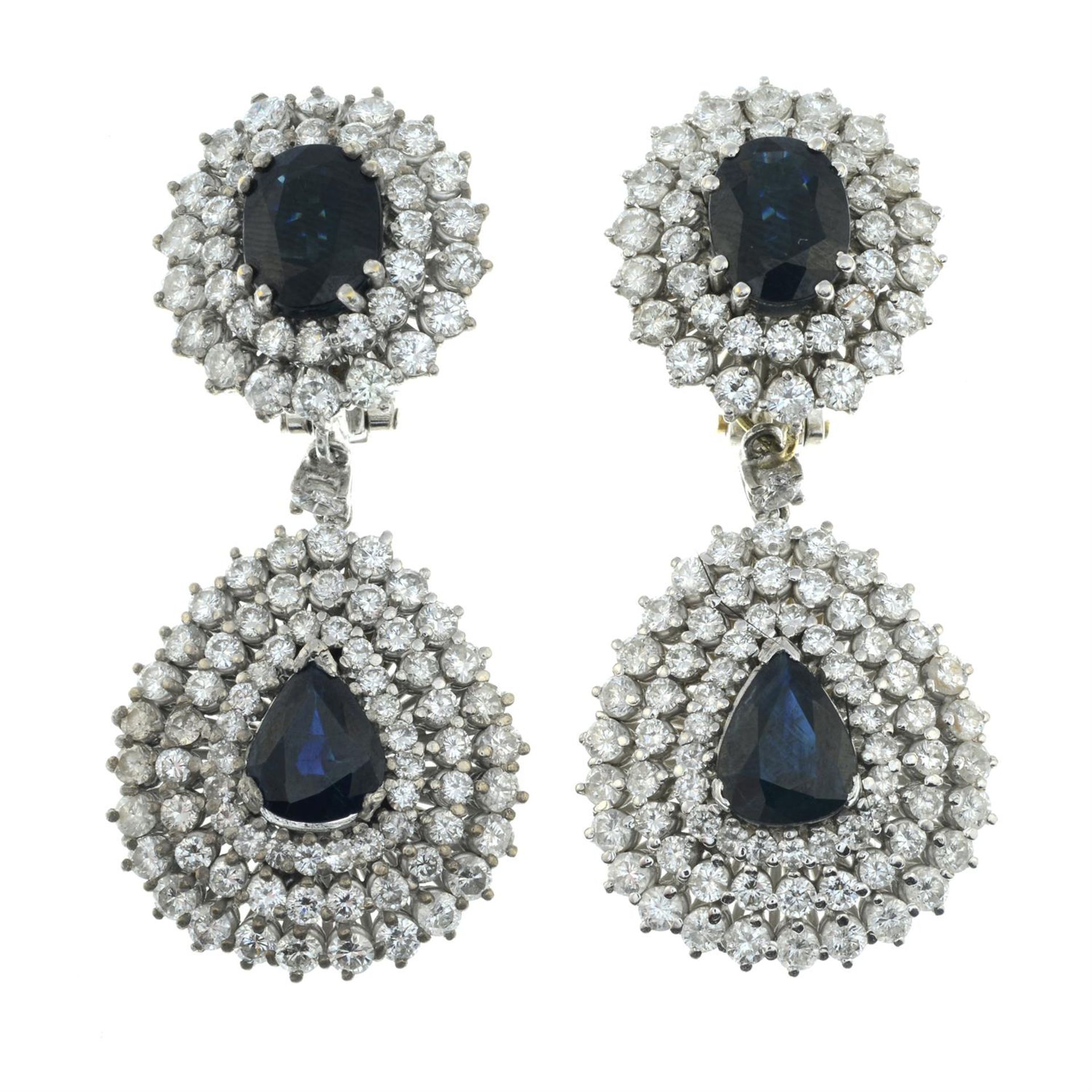 A pair of vari-cut sapphire and brilliant-cut diamond cluster drop earrings. - Image 2 of 3