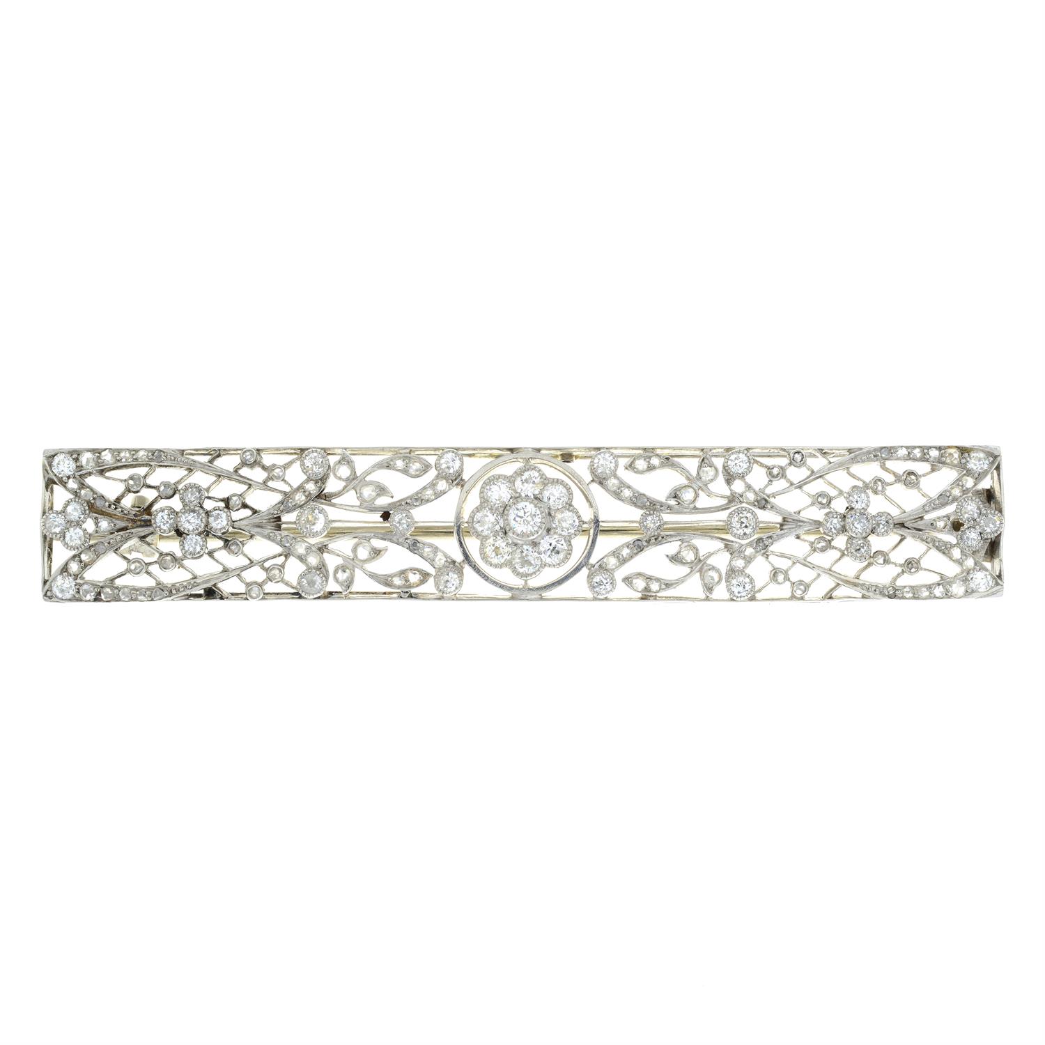 A Belle Epoque platinum old and rose-cut diamond stylised floral bar brooch. - Image 2 of 4