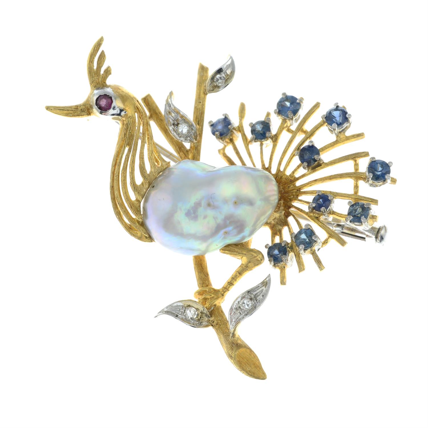 A mid 20th century 18ct gold baroque cultured pearl, sapphire and diamond bird brooch, - Image 2 of 4