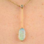 An early 20th century gold opal and old-cut diamond pendant, on chain.