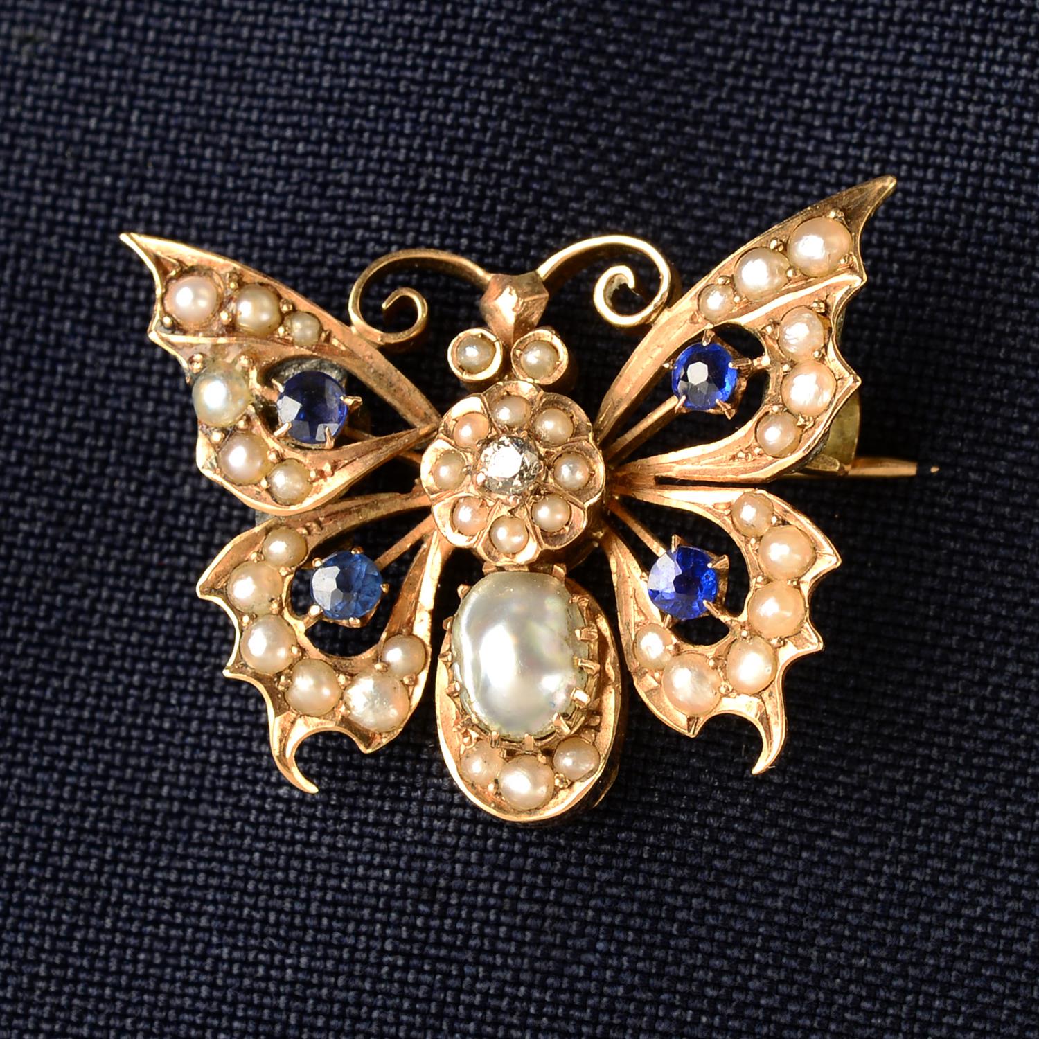 A late 19th century gold, diamond, garnet-topped-doublet and split pearl butterfly brooch.