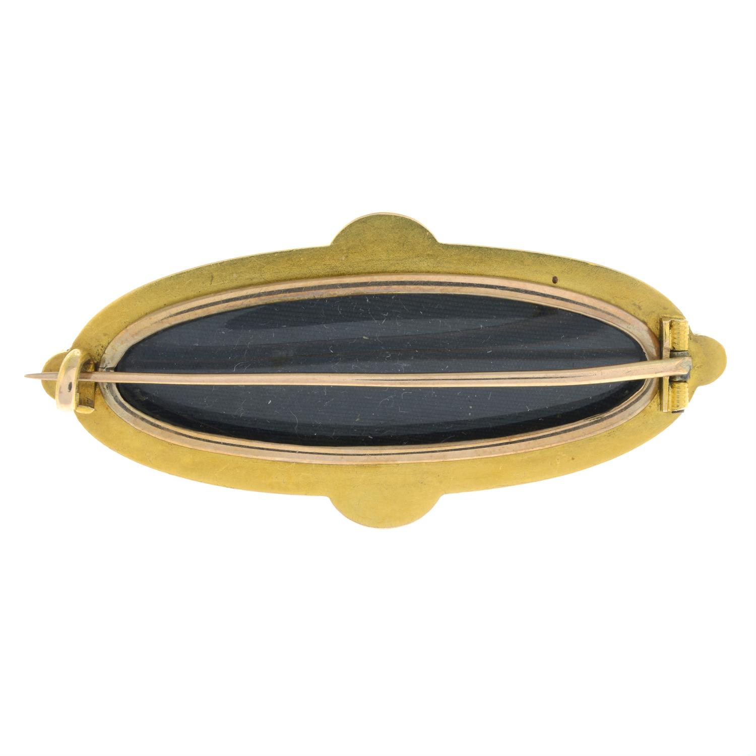 A late 19th century gold onyx and vari-cut diamond mourning brooch, with black enamel and split - Image 3 of 5