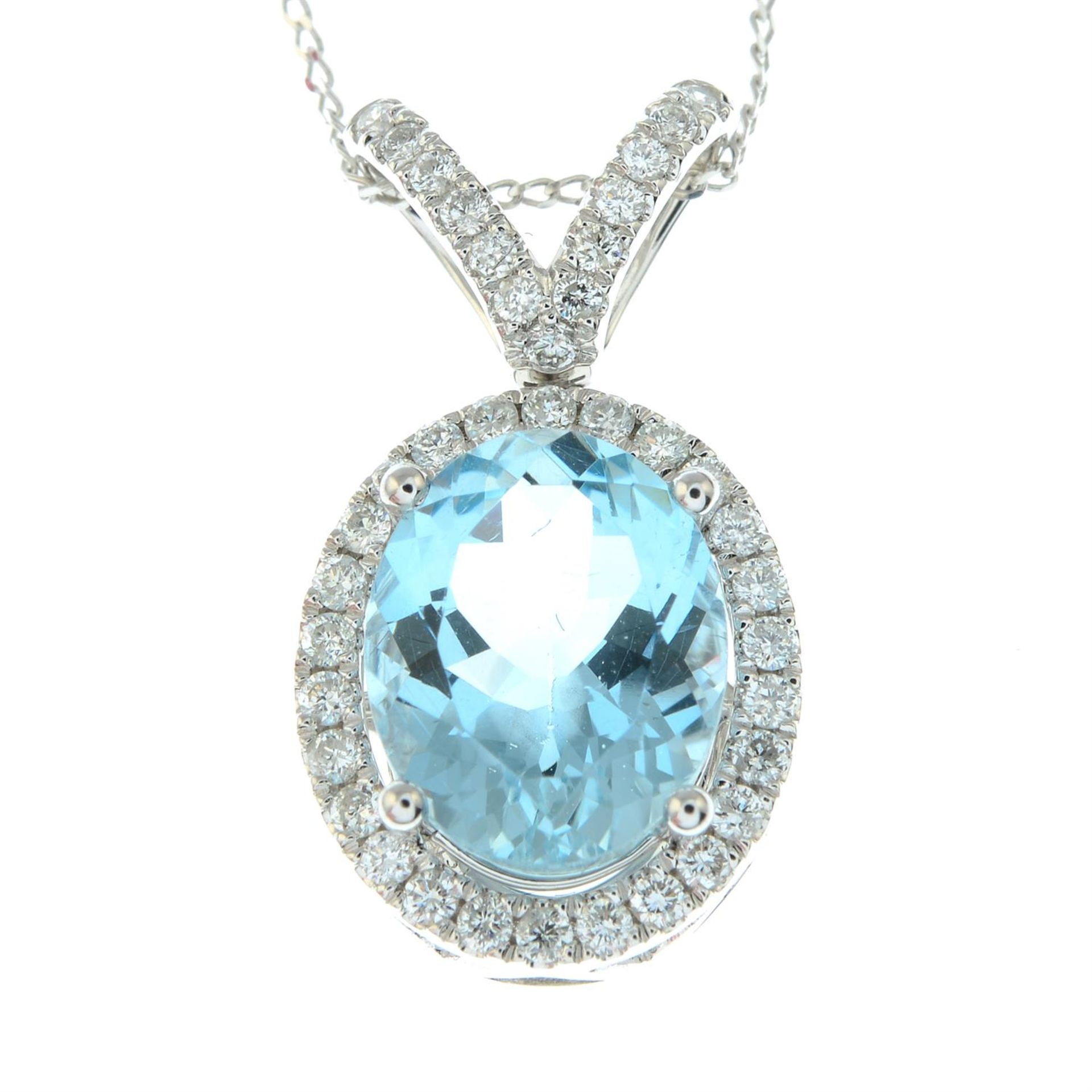 An 18ct gold aquamarine and brilliant-cut diamond pendant, with trace-link chain. - Image 2 of 5