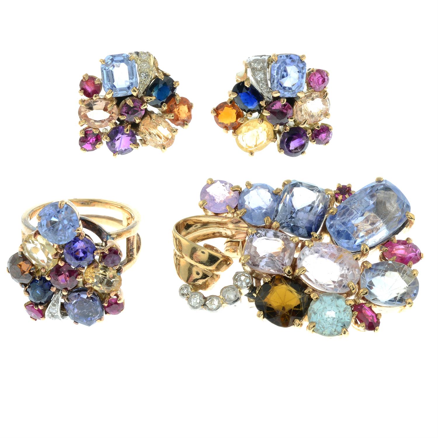 An early to mid 20th century multi-gem suite, comprising brooch, ring and earrings, - Image 2 of 4