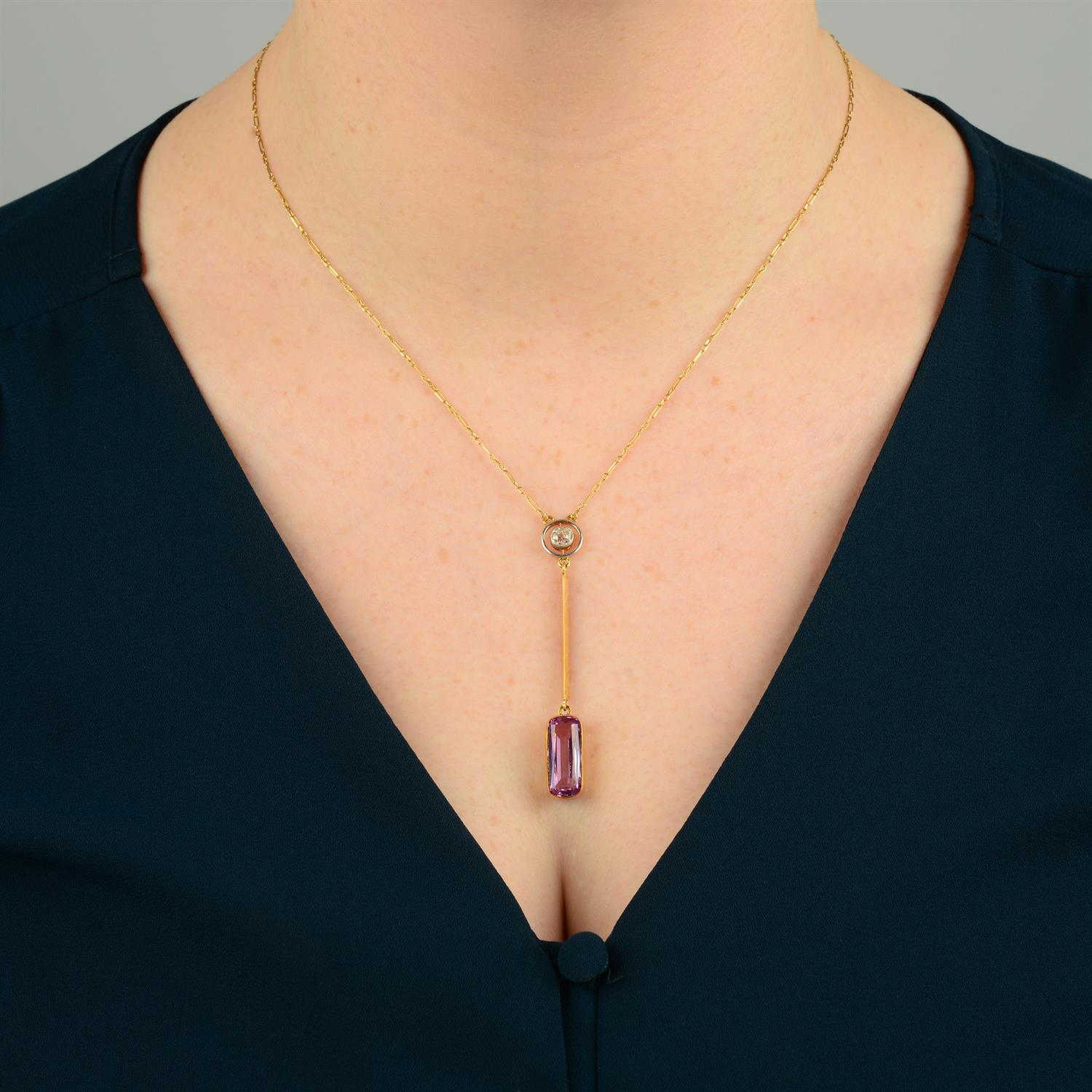 An early 20th century 15ct gold pink topaz and old-cut diamond pendant, on chain. - Image 5 of 5