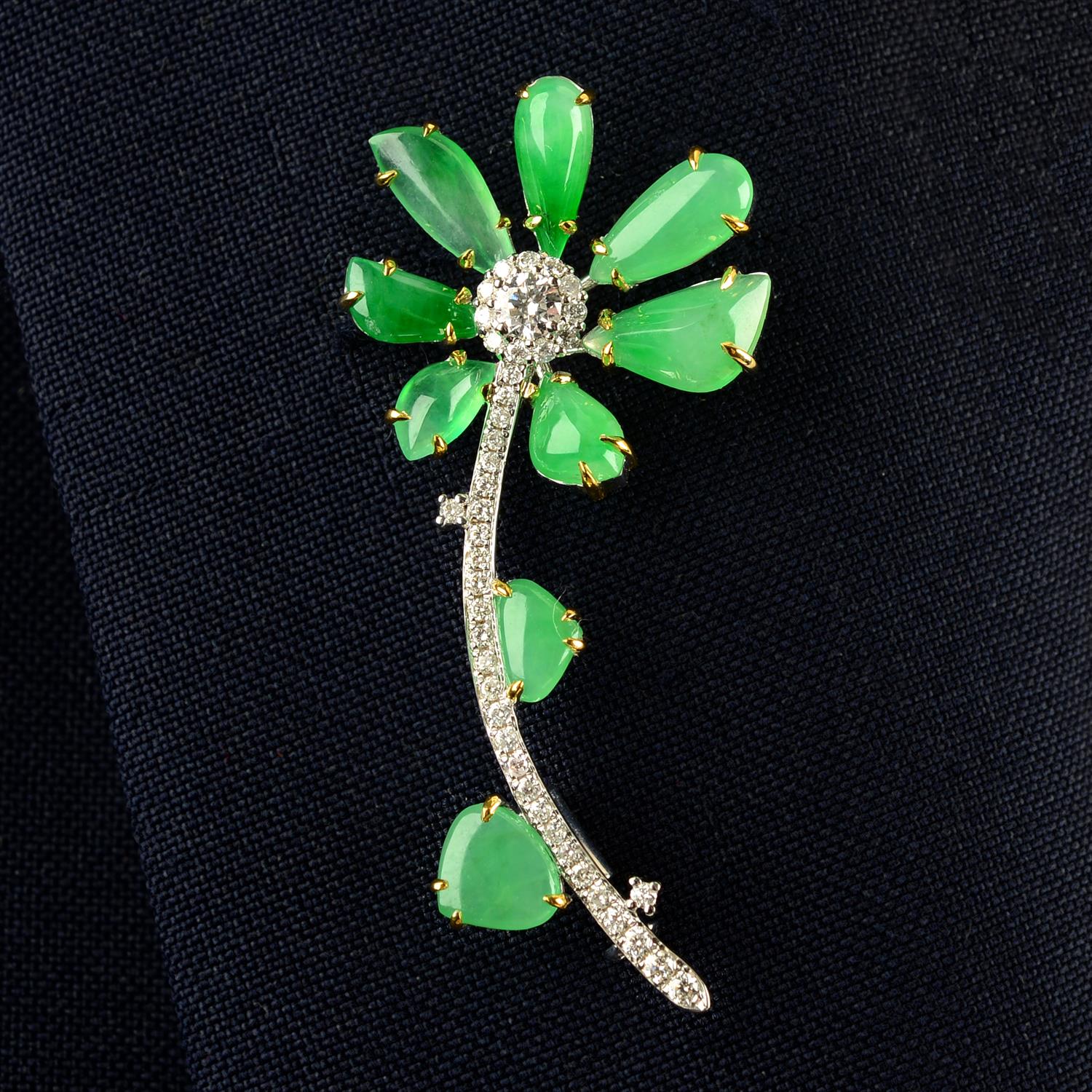 A jadeite jade and diamond floral brooch.