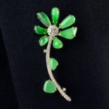 A jadeite jade and diamond floral brooch.