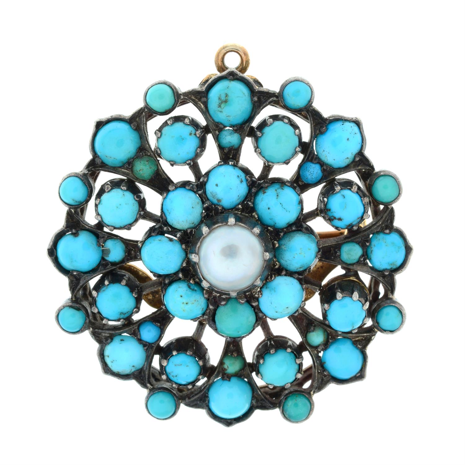 A late Victorian silver and gold turquoise and mabe pearl openwork brooch/pendant. - Image 2 of 4