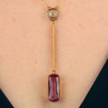 An early 20th century 15ct gold pink topaz and old-cut diamond pendant, on chain.