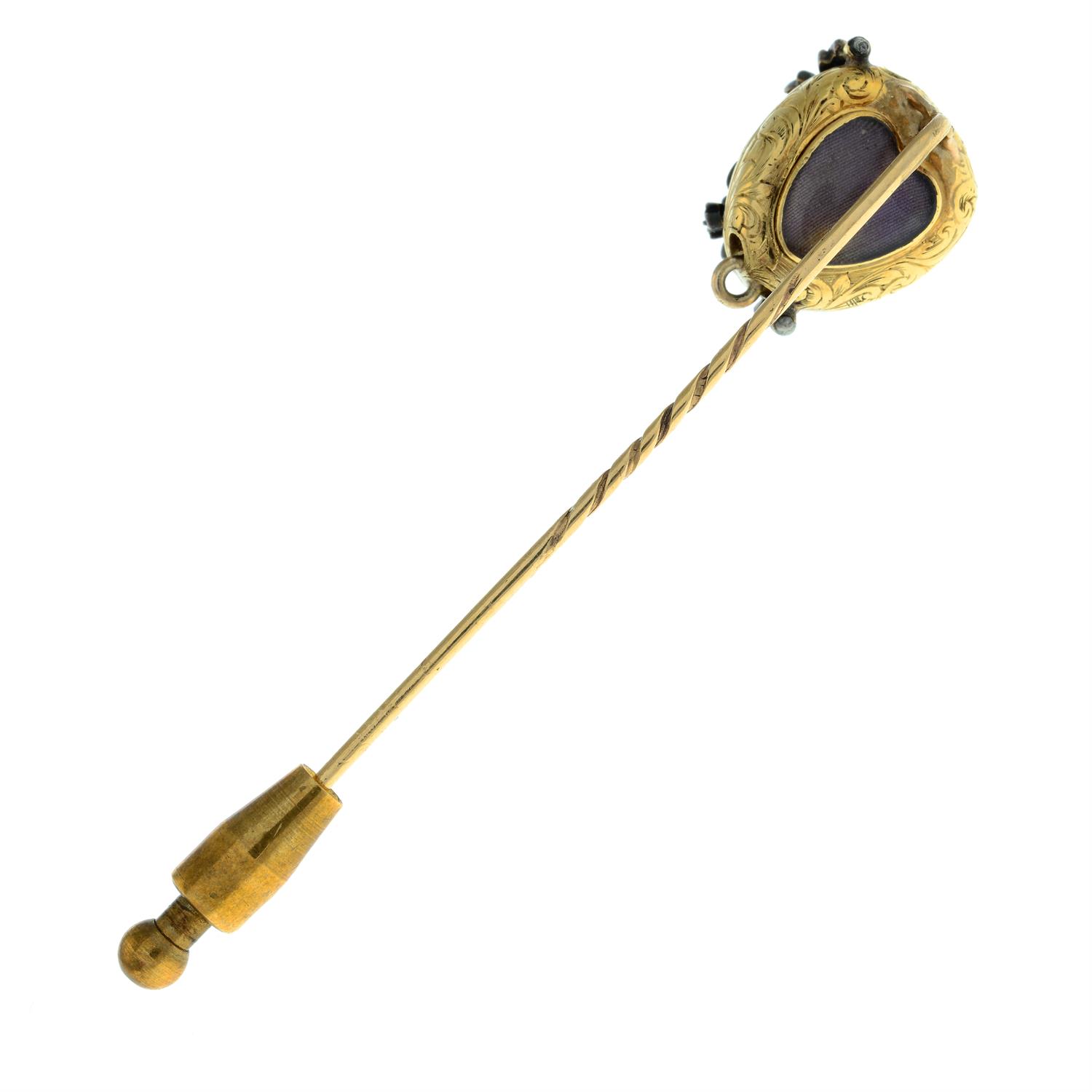 A 19th century gold garnet stickpin, with ruby and rose-cut diamond floral overlay, - Image 5 of 6