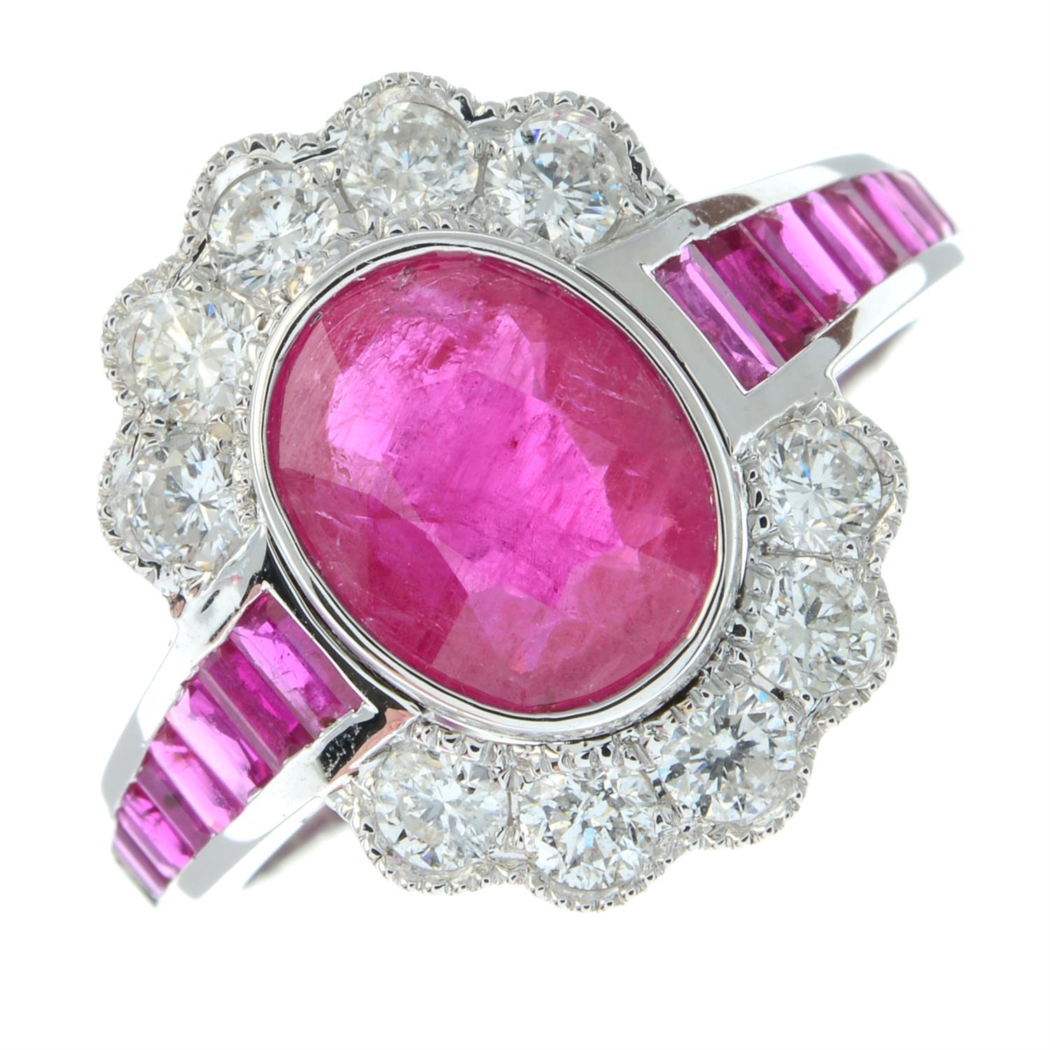 An 18ct gold oval-shape ruby and brilliant-cut diamond cluster ring, with calibre-cut ruby line - Image 2 of 5