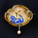 An Art Nouveau gold, diamond point and pearl glazed portrait brooch.