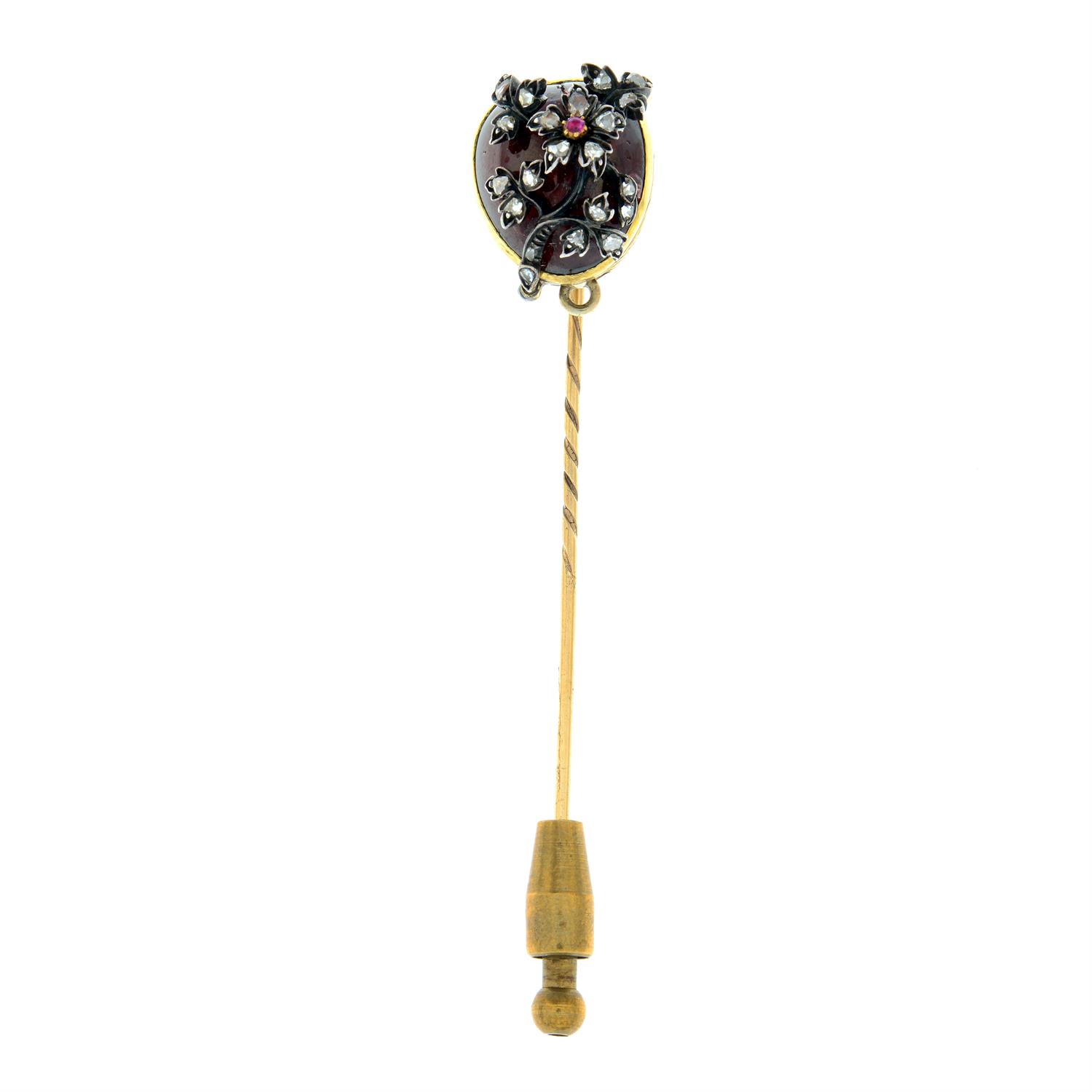 A 19th century gold garnet stickpin, with ruby and rose-cut diamond floral overlay, - Image 3 of 6