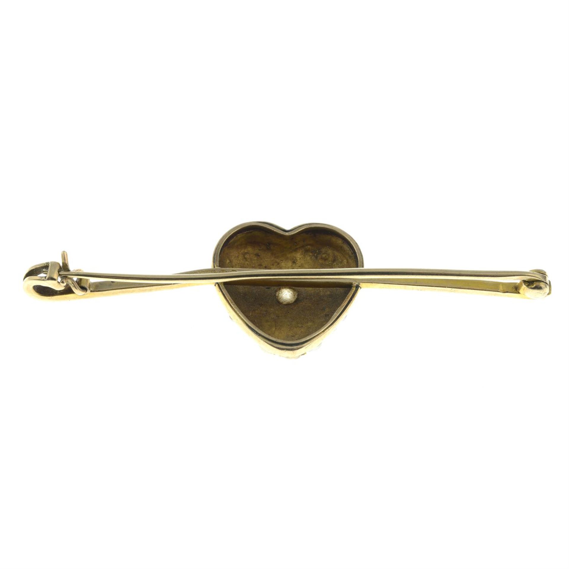 A late Victorian gold old-cut diamond and pavé-set split pearl heart, on later 9ct gold bar brooch. - Image 3 of 4